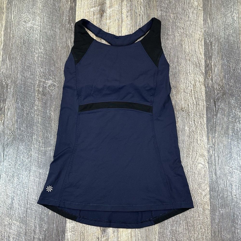 Athleta Women's X-Small Ace Racer Tank Top Pockets Blue Shelf Bra Running Mesh - Picture 1 of 16